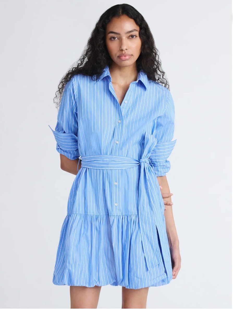 Blue And White Striped Cotton Shirt Dress With Waist Tie Size Medium